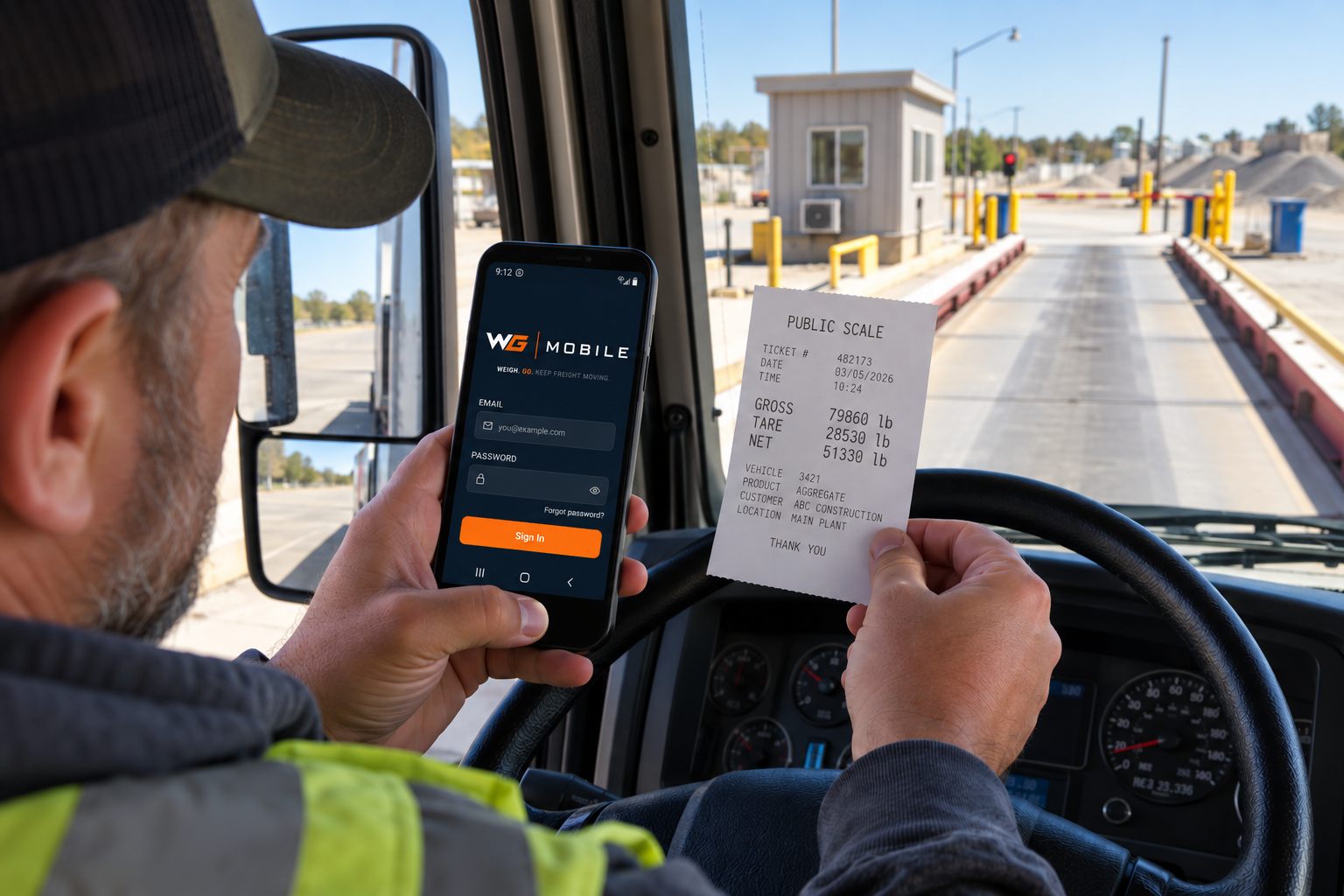Truck driver at a scale holding a printed scale ticket and the WeighGo Mobile app