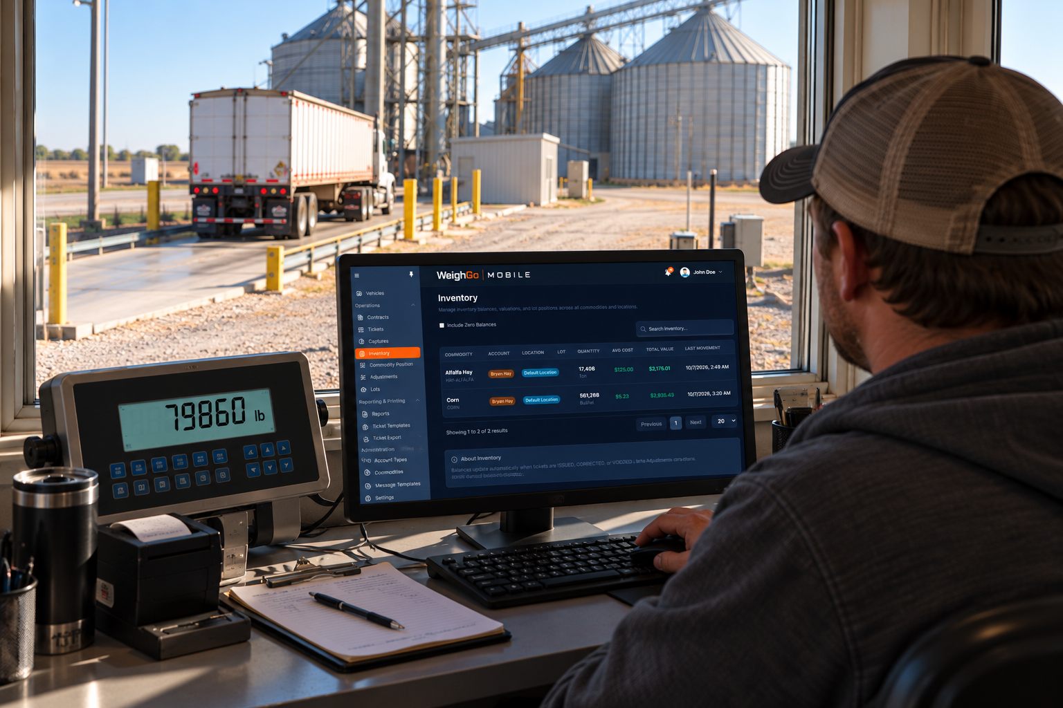 Scale house operator viewing the Inventory screen in the WeighGo Mobile web portal next to the scale indicator