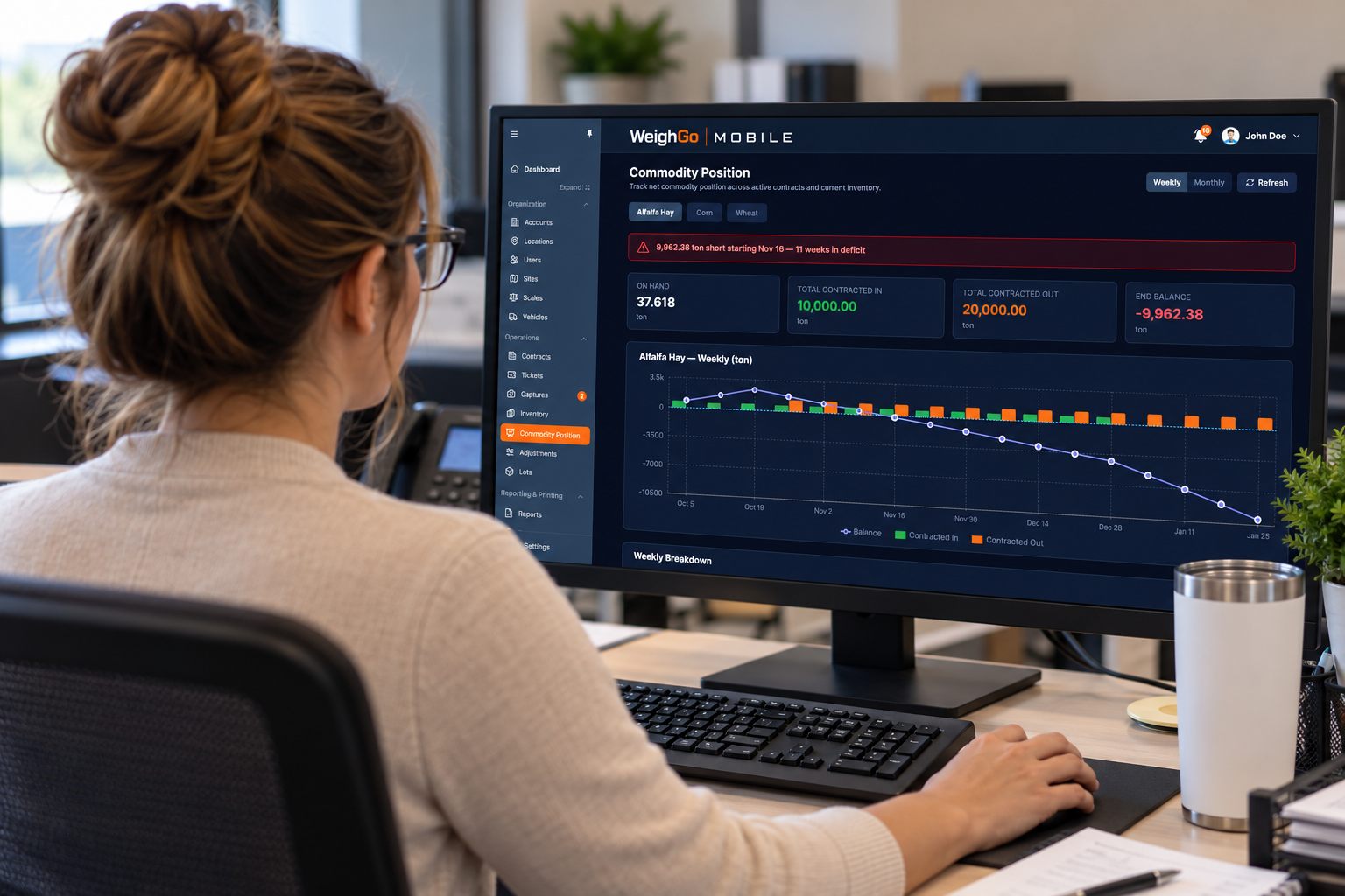 Office user viewing the Commodity Position screen in the WeighGo Mobile web portal