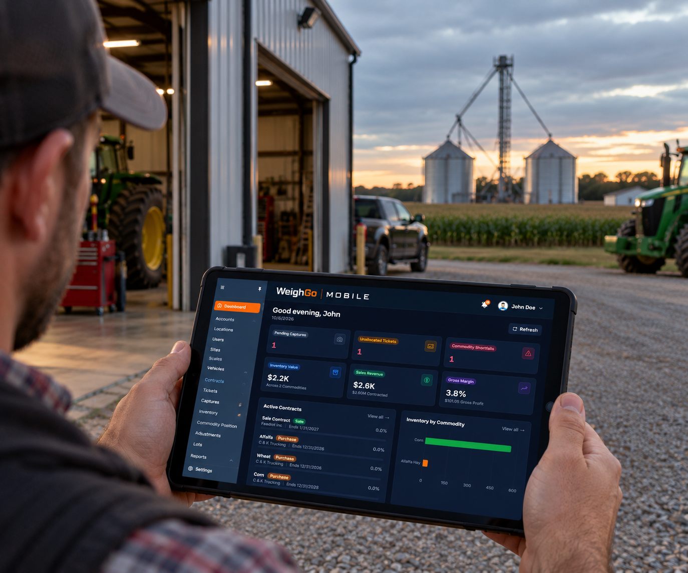 Farm operator viewing the WeighGo Mobile dashboard on a tablet