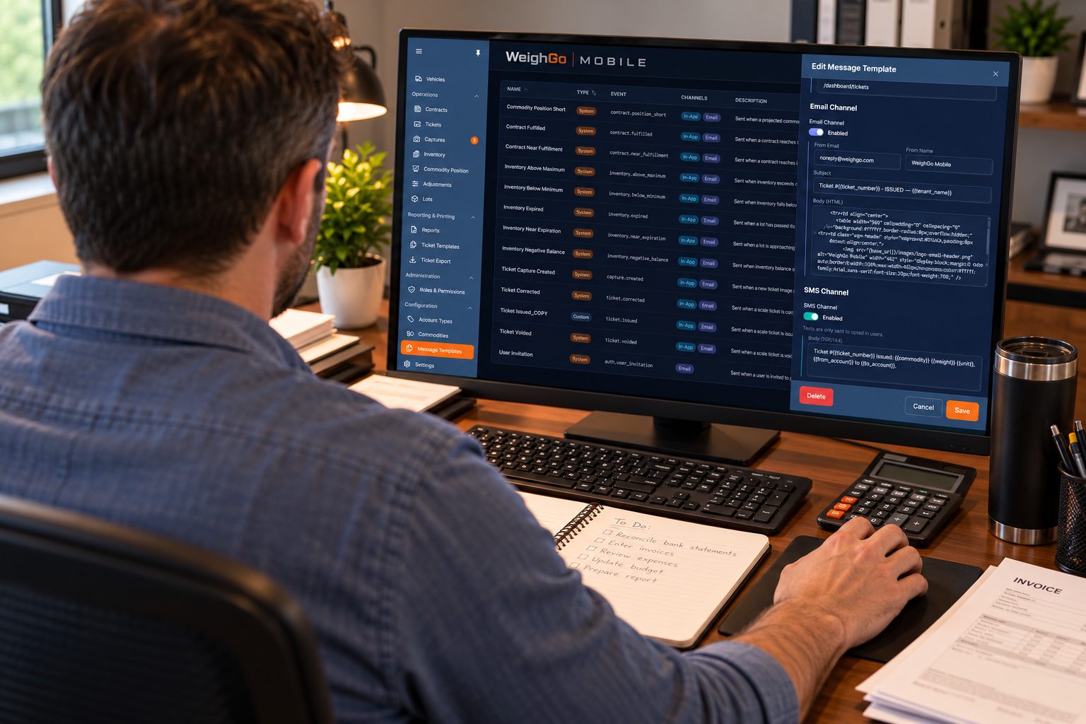 Office user editing a notification message template in the WeighGo Mobile web portal